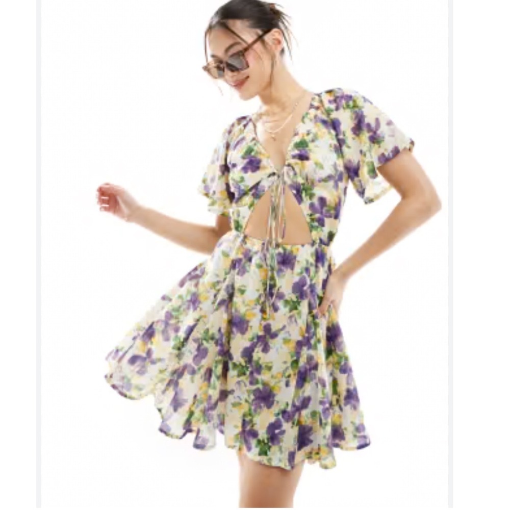 ASOS DESIGN Lilac Floral Cutout Tie Front Cottagecore Mini Dress Godet Skirt 4